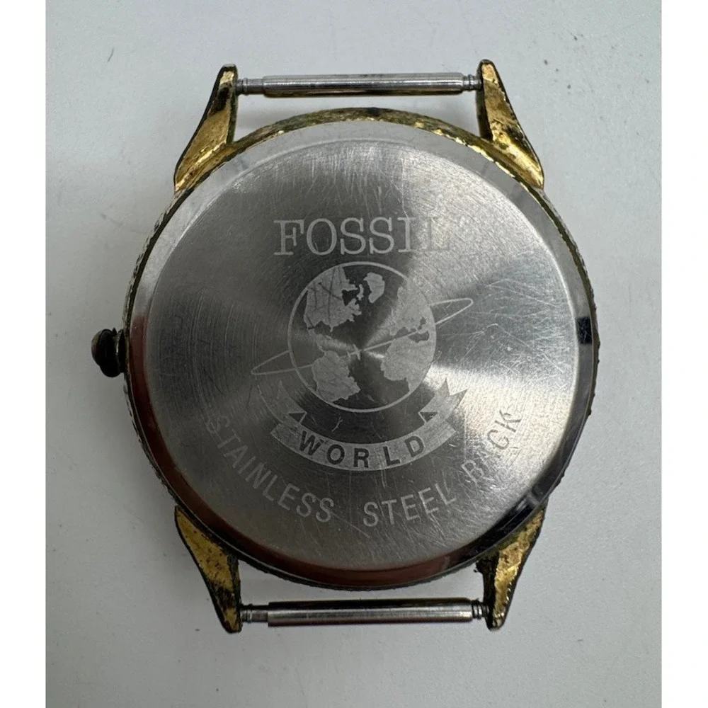 Vintage Fossil World Moon Phase Watch Head Gold Tone Roman Numeral For Parts